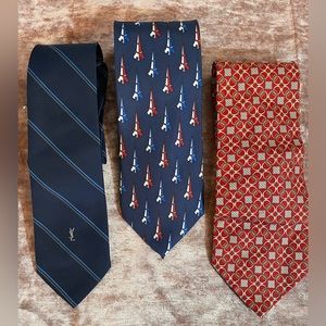 3 Vintage Men’s Neck Ties.  YSL, Roger L Paris & Paolo Gucci; Gold tone chain